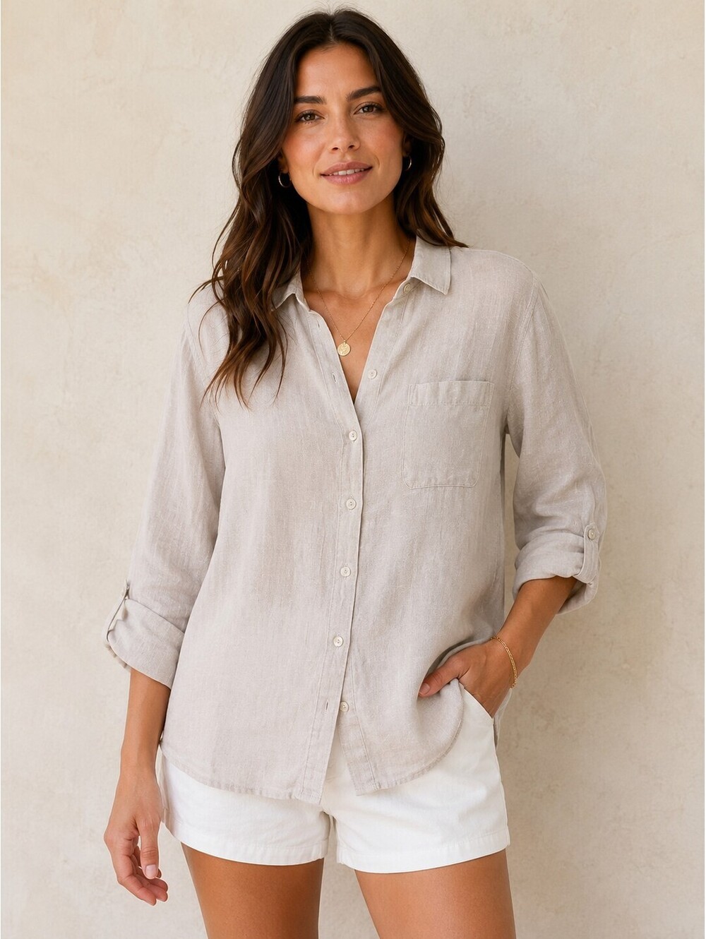Sigrid Olsen 100% Linen Button Front Shirt Women's M Beige Roll Tab Long Sleeve - Picture 1 of 7